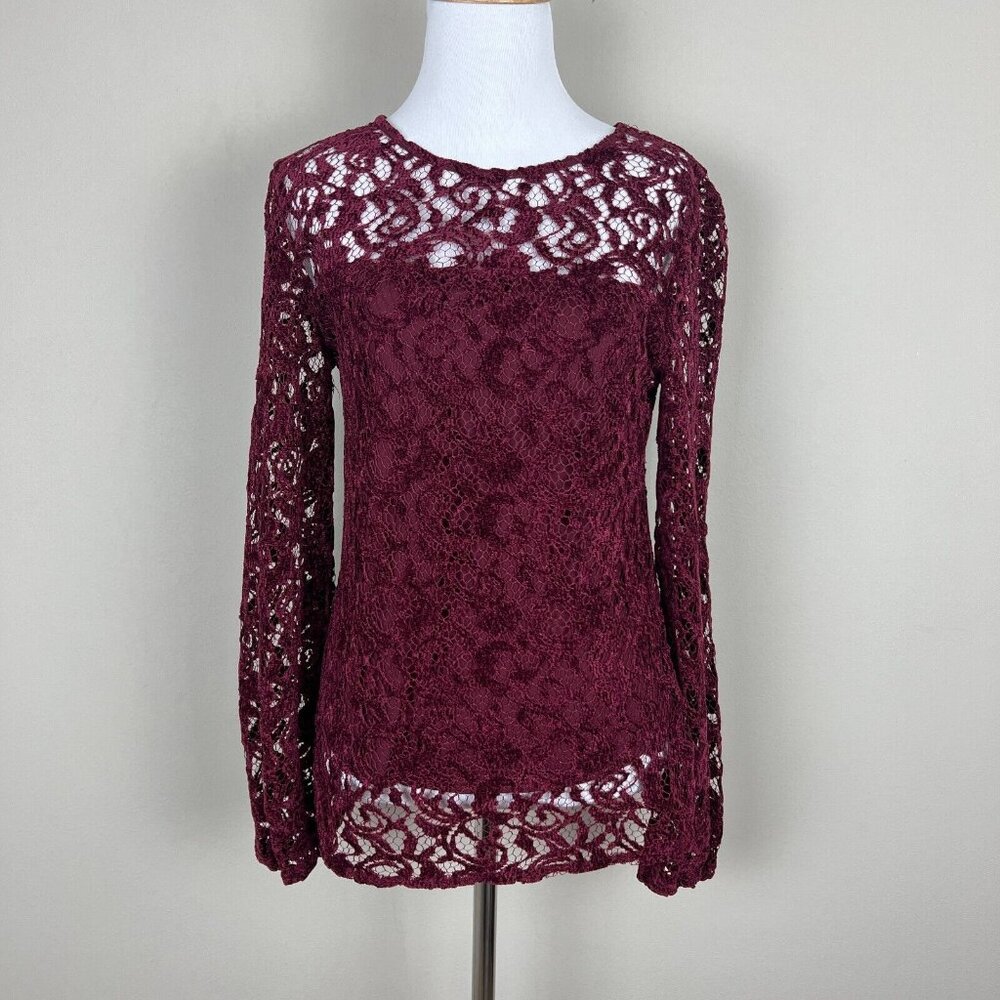 Sundance Blouse Top Womens XS Burgundy Velvet Lace‎ Sheer Floral Long Sleeve